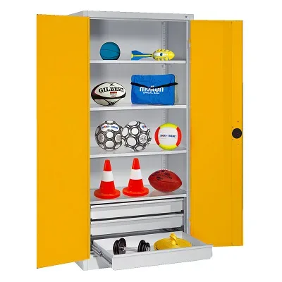 C+P Sportgeräteschrank mit Schubladen und Vollblech-Flügeltüren (Typ 4), HxBxT 195x120x50 cm, Ergo-Lock Muldengriff, Verkehrsgelb (RAL 1023), Anthrazit (RAL 7021), Gleichschliessung
