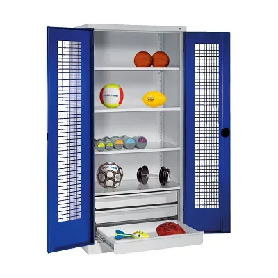 C+P Sportgeräteschrank mit Schubladen und Lochblech-Flügeltüren (Typ 4),  HxBxT 195x120x50 cm, Ergo-Lock Muldengriff, Enzianblau (RAL 5010), Lichtgrau (RAL 7035), Gleichschliessung