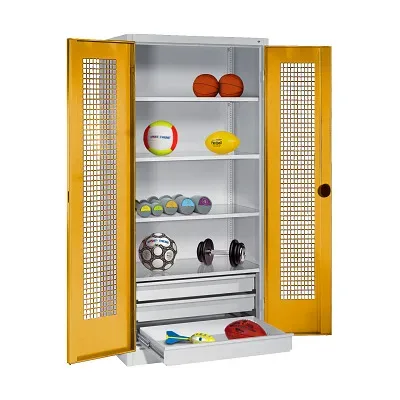 C+P Sportgeräteschrank mit Schubladen und Lochblech-Flügeltüren (Typ 4),  HxBxT 195x120x50 cm, Ergo-Lock Muldengriff, Goldgelb (RAL 1004), Lichtgrau (RAL 7035), Gleichschliessung