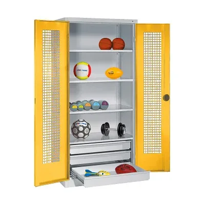 C+P Sportgeräteschrank mit Schubladen und Lochblech-Flügeltüren (Typ 4),  HxBxT 195x120x50 cm, Ergo-Lock Muldengriff, Verkehrsgelb (RAL 1023), Lichtgrau (RAL 7035), Gleichschliessung