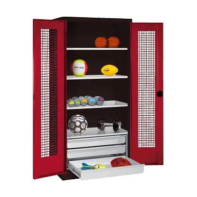 C+P Sportgeräteschrank mit Schubladen und Lochblech-Flügeltüren (Typ 4),  HxBxT 195x120x50 cm, Ergo-Lock Muldengriff, Rubinrot (RAL 3003), Anthrazit (RAL 7021), Gleichschliessung
