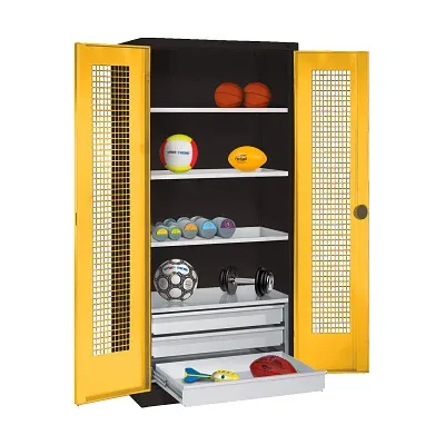 C+P Sportgeräteschrank mit Schubladen und Lochblech-Flügeltüren (Typ 4),  HxBxT 195x120x50 cm, Ergo-Lock Muldengriff, Verkehrsgelb (RAL 1023), Anthrazit (RAL 7021), Gleichschliessung