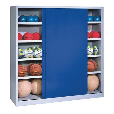 C+P Ballschrank mit Vollblech-Schiebetüren (Typ 4), HxBxT 195x160x50 cm, Enzianblau (RAL 5010), Lichtgrau (RAL 7035), Gleichschliessung