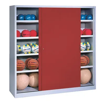 C+P Ballschrank mit Vollblech-Schiebetüren (Typ 4), HxBxT 195x160x50 cm, Rubinrot (RAL 3003), Lichtgrau (RAL 7035), Gleichschliessung