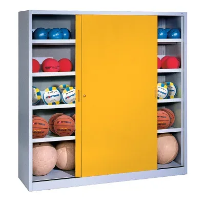 C+P Ballschrank mit Vollblech-Schiebetüren (Typ 4), HxBxT 195x160x50 cm, Verkehrsgelb (RAL 1023), Lichtgrau (RAL 7035), Gleichschliessung