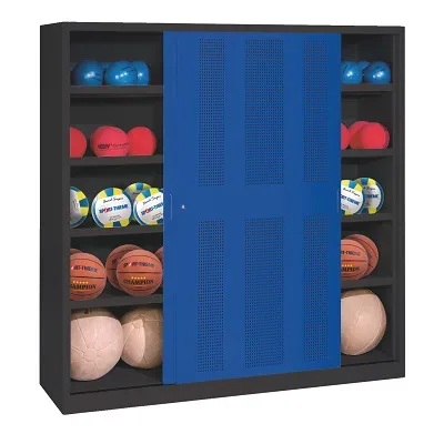 C+P Ballschrank mit Lochblech-Schiebetüren (Typ 4), HxBxT 195x160x50 cm, Enzianblau (RAL 5010), Anthrazit (RAL 7021), Gleichschliessung