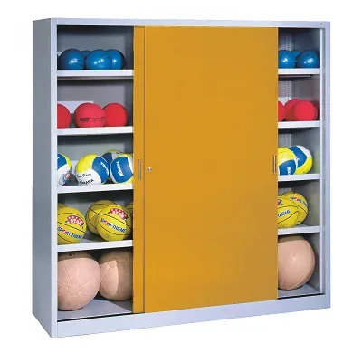 C+P Ballschrank mit Vollblech-Schiebetüren (Typ 4), HxBxT 195x190x60 cm, Goldgelb (RAL 1004), Lichtgrau (RAL 7035), Gleichschliessung