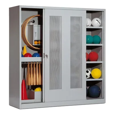 C+P Sportgeräteschrank mit Lochblech-Schiebetüren (Typ 5), HxBxT 195x190x60 cm, Lichtgrau (RAL 7035), Lichtgrau (RAL 7035), Gleichschliessung