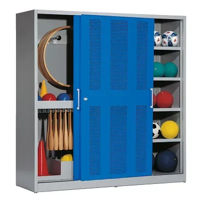 C+P Sportgeräteschrank mit Lochblech-Schiebetüren (Typ 5), HxBxT 195x190x60 cm, Enzianblau (RAL 5010), Lichtgrau (RAL 7035), Gleichschliessung