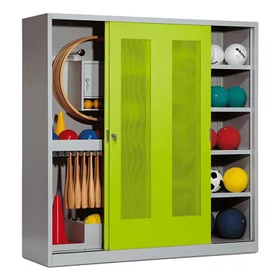 C+P Sportgeräteschrank mit Lochblech-Schiebetüren (Typ 5), HxBxT 195x190x60 cm, Clowngrün (RAL 110 80 60), Lichtgrau (RAL 7035), Gleichschliessung