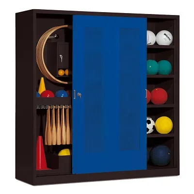 C+P Sportgeräteschrank mit Lochblech-Schiebetüren (Typ 5), HxBxT 195x190x60 cm, Enzianblau (RAL 5010), Anthrazit (RAL 7021), Gleichschliessung