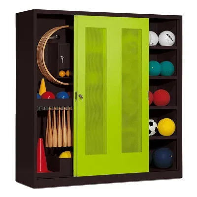 C+P Sportgeräteschrank mit Lochblech-Schiebetüren (Typ 5), HxBxT 195x190x60 cm, Clowngrün (RAL 110 80 60), Anthrazit (RAL 7021), Gleichschliessung