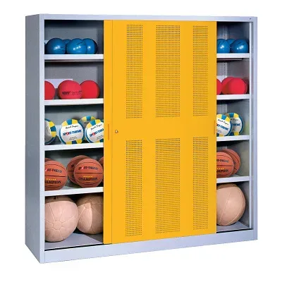 C+P Ballschrank mit Lochblech-Schiebetüren (Typ 4), HxBxT 195x190x60 cm, Verkehrsgelb (RAL 1023), Lichtgrau (RAL 7035), Gleichschliessung