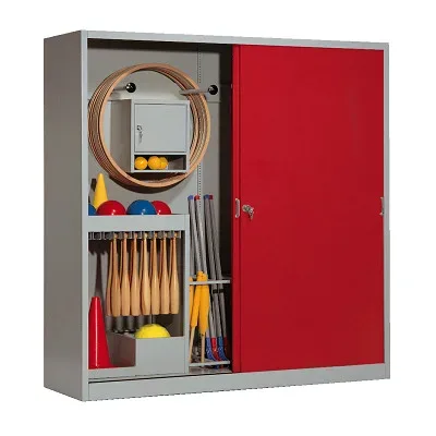 C+P Sportgeräteschrank mit Vollblech-Schiebetüren (Typ 5), HxBxT 195x190x60 cm, Rubinrot (RAL 3003), Lichtgrau (RAL 7035), Gleichschliessung