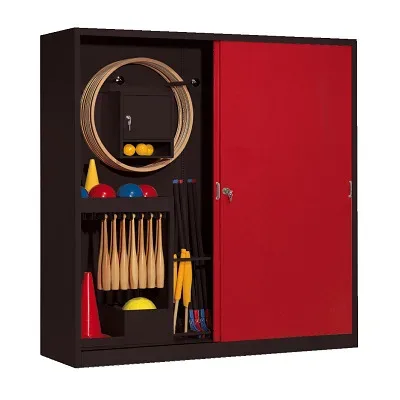 C+P Sportgeräteschrank mit Vollblech-Schiebetüren (Typ 5), HxBxT 195x190x60 cm, Rubinrot (RAL 3003), Anthrazit (RAL 7021), Gleichschliessung