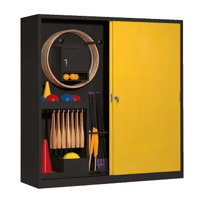 C+P Sportgeräteschrank mit Vollblech-Schiebetüren (Typ 5), HxBxT 195x190x60 cm, Verkehrsgelb (RAL 1023), Anthrazit (RAL 7021), Gleichschliessung