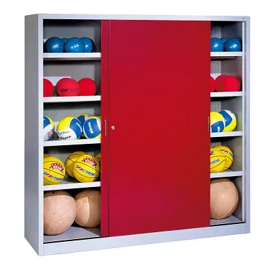 C+P Ballschrank mit Vollblech-Schiebetüren (Typ 4), HxBxT: 195x120x60 cm, Rubinrot (RAL 3003), Lichtgrau (RAL 7035), Gleichschliessung