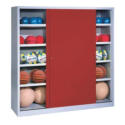 C+P Ballschrank mit Vollblech-Schiebetüren (Typ 4), HxBxT: 195x160x60 cm, Rubinrot (RAL 3003), Lichtgrau (RAL 7035), Einzelschliessung