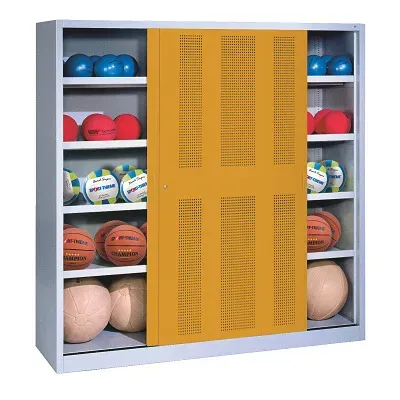 C+P Ballschrank mit Lochblech-Schiebetüren (Typ 4), HxBxT: 195x160x40 cm, Goldgelb (RAL 1004), Lichtgrau (RAL 7035), Einzelschliessung