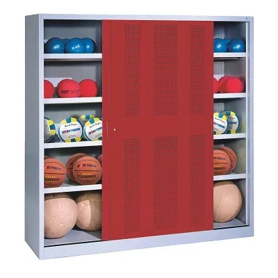 C+P Ballschrank mit Lochblech-Schiebetüren (Typ 4), HxBxT: 195x160x60 cm, Rubinrot (RAL 3003), Lichtgrau (RAL 7035), Gleichschliessung