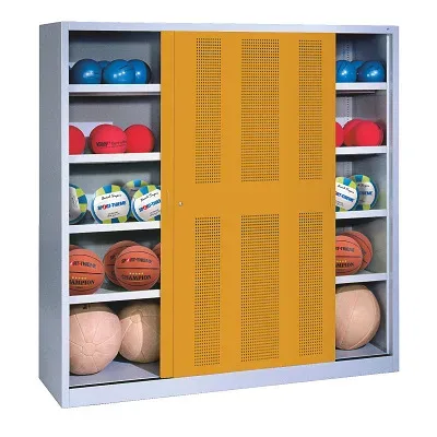 C+P Ballschrank mit Lochblech-Schiebetüren (Typ 4), HxBxT: 195x160x60 cm, Goldgelb (RAL 1004), Lichtgrau (RAL 7035), Gleichschliessung