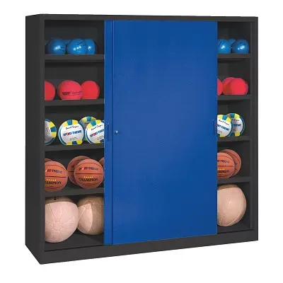 C+P Ballschrank mit Vollblech-Schiebetüren (Typ 4), HxBxT: 195x160x60 cm, Enzianblau (RAL 5010), Anthrazit (RAL 7021), Gleichschliessung