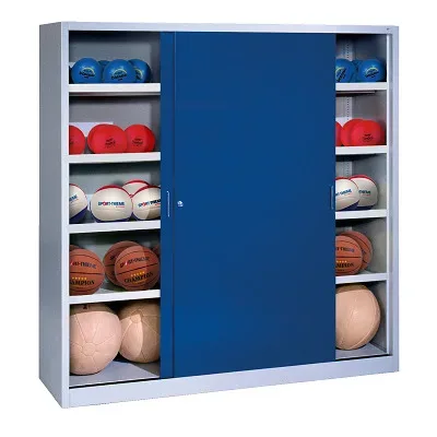 C+P Ballschrank mit Vollblech-Schiebetüren (Typ 4), HxBxT: 195x120x60 cm, Enzianblau (RAL 5010), Lichtgrau (RAL 7035), Einzelschliessung
