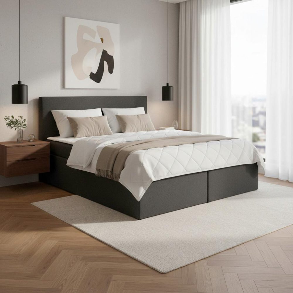 Boxspringbett Lucy2 Dunkelgrau Ca. 180x200cm Inkl. Topper 180/200 cm Dunkelgrau 