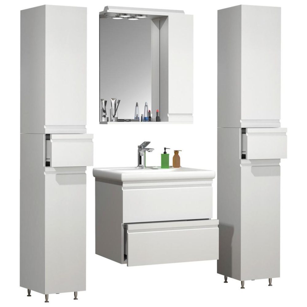 VCM - 5-tlg. Waschplatz Waschtisch 60 cm Badmöbel Set Waschbecken grifflose Schublade Spiegelschrank Hochschrank Silora L, 120cm, Weiss