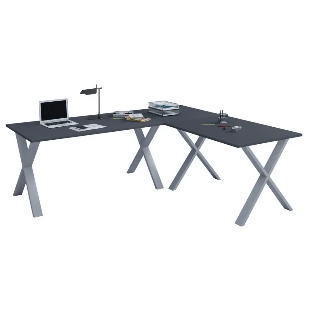 Eckschreibtisch Lona 130/130/76 cm Anthrazit, Silberfarben 