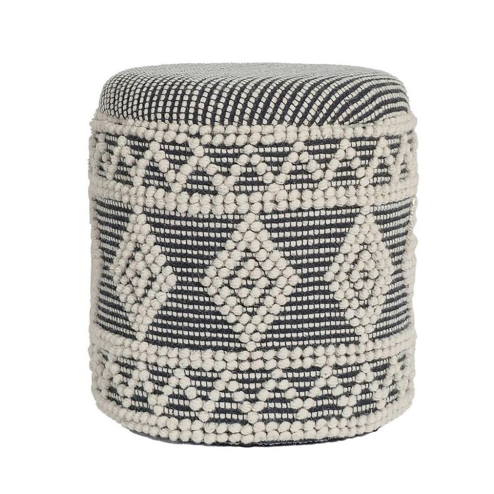 Hocker Sitzhocker Wolle Creme, Schwarz Textil 