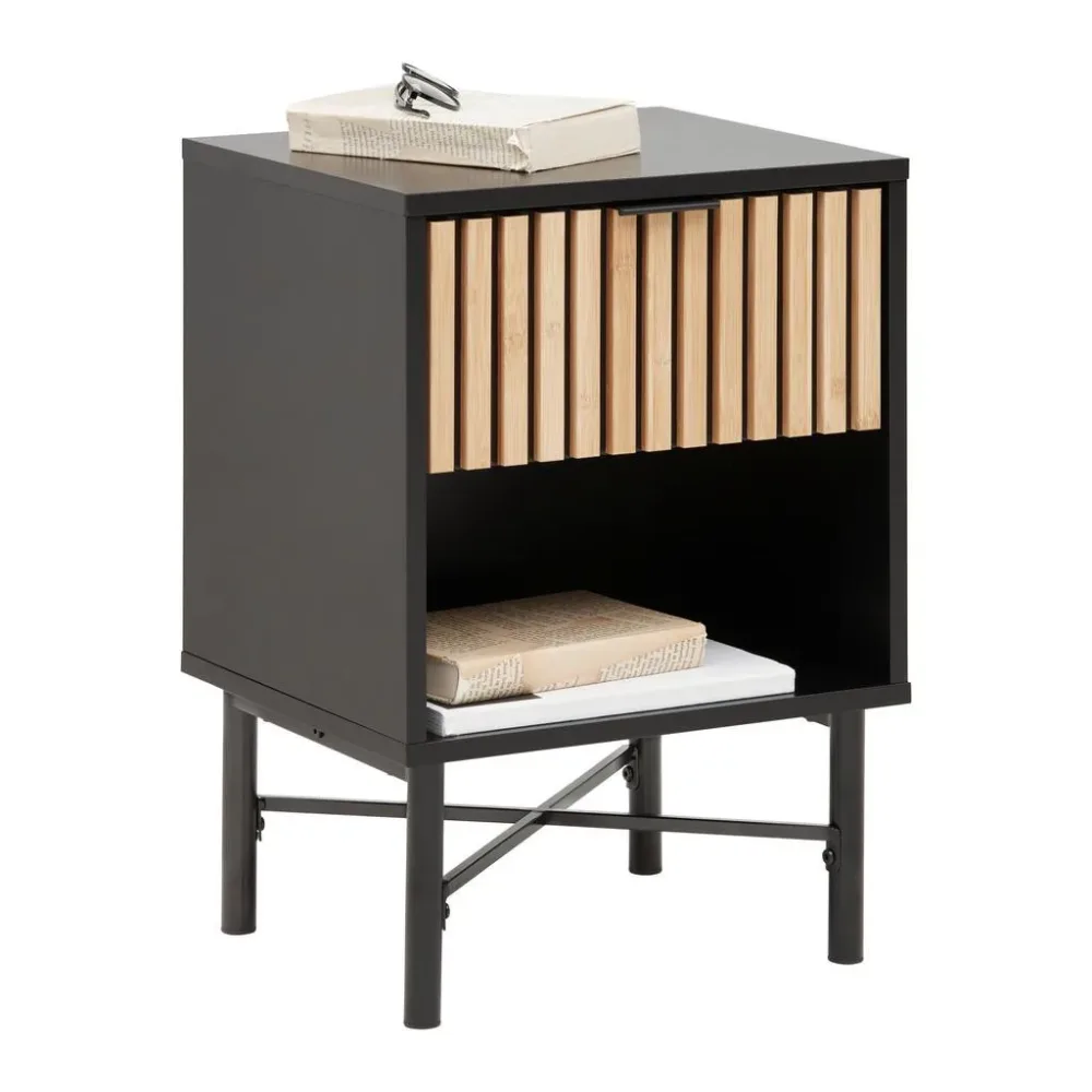 Nachtkästchen Madrid Schwarz/naturfarben Massiv 40/56/35 cm massiv Bambus Naturfarben, Schwarz 