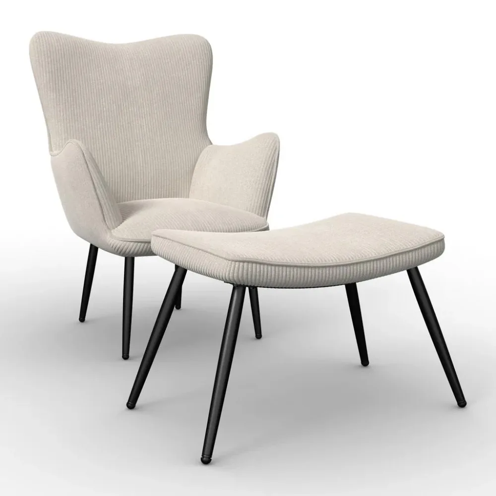 Sessel Aurora Mit Hocker Cord Creme Holz, Metall, Textil Creme 