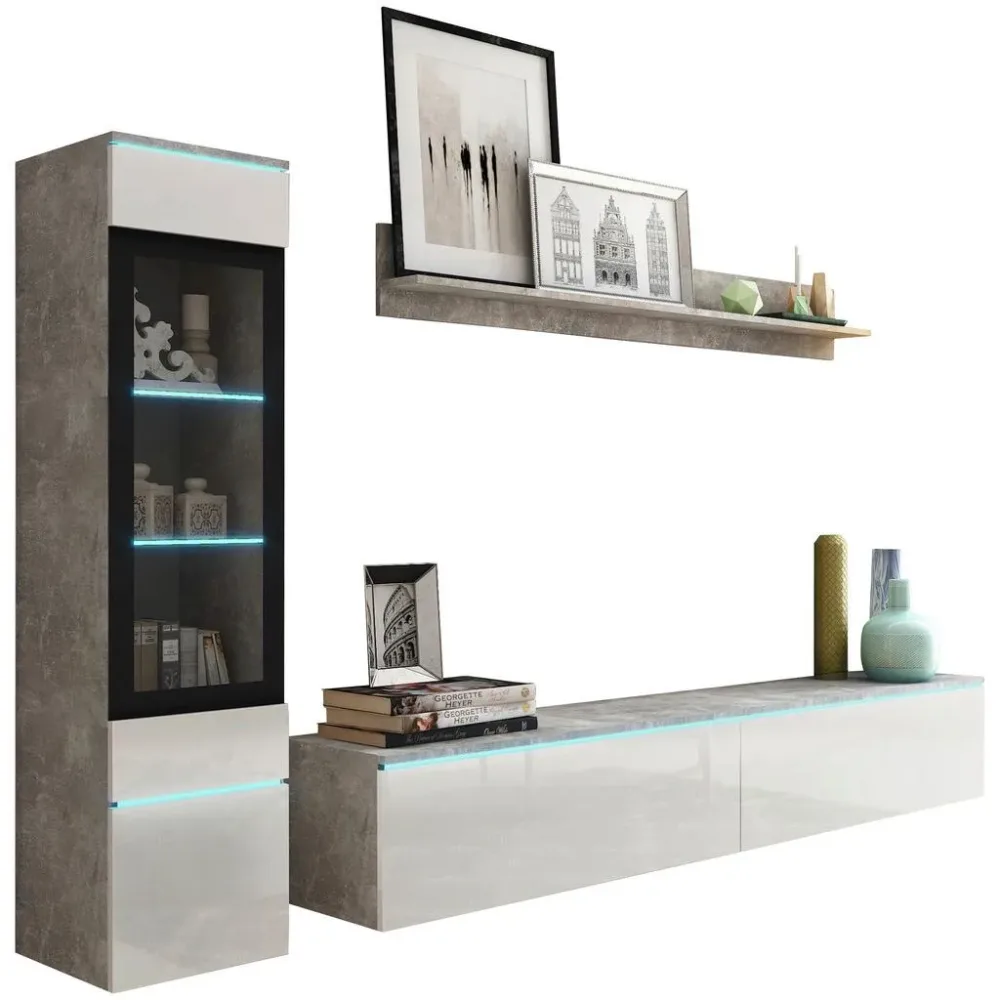 Wohnwand Vera | Betonoptik/weiss Hg. Grau, Weiss Hochglanz 210/130/33 cm 