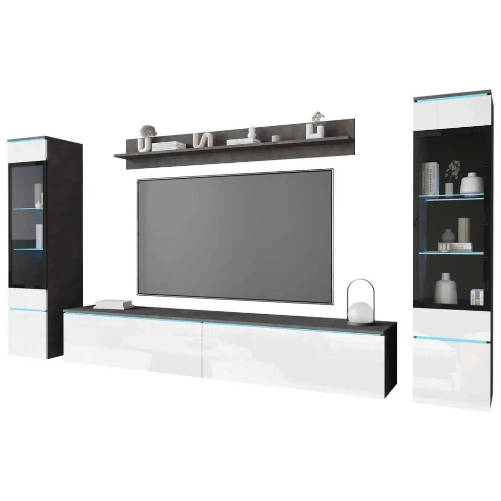 Wohnwand Vera || Anthrazit/weiß Anthrazit, Weiss Hochglanz 240/130/33 cm 