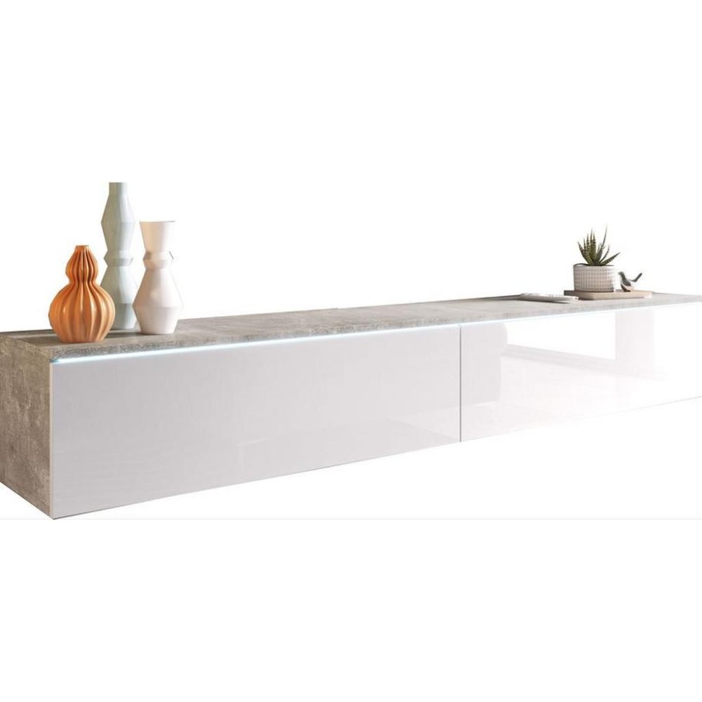 Lowboard D180 Beton Optik/weiss Grau, Weiss Hochglanz 