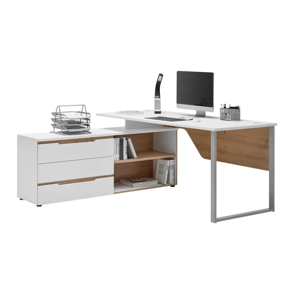 Eckschreibtisch Dallas Silber/weiss/eiche Artisan 180/77/160 cm Silberfarben, Weiss, Eiche Artisan 