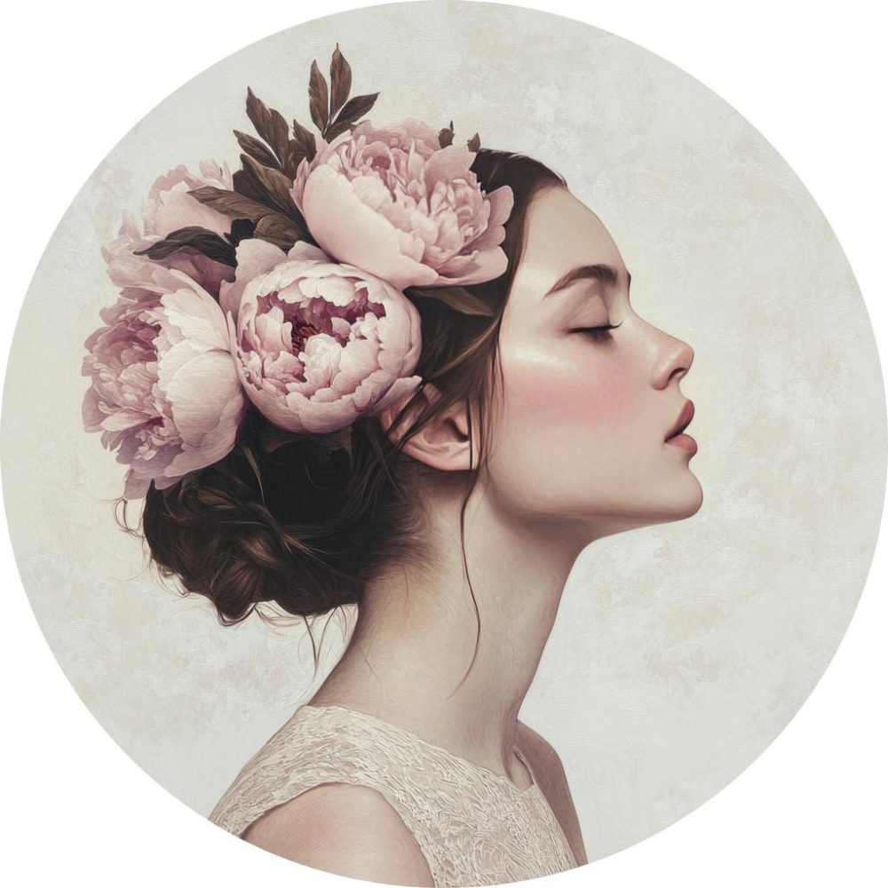 Metallbild Woman With Peony Flowers 