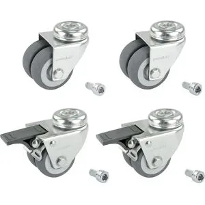 Proroll Set Doppelrollen aus thermoplastischen Gummireifen, 4 Lenkrollen davon 2 mit Doppelstopp, mit Rückenloch, Rad-Ø x Breite 50 x 19 mm, Gleitlager