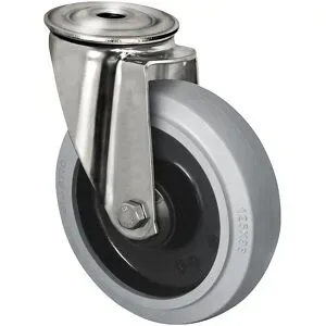kaiserkraft Elastik-Reifen auf PA-Felge, Edelstahlgehäuse, Rad-Ø x Breite 100 x 35 mm, Rückenloch, ab 2 Stk, Lenkrolle, Kugellager