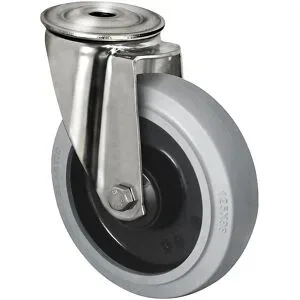 kaiserkraft Elastik-Reifen auf PA-Felge, Edelstahlgehäuse, Rad-Ø x Breite 200 x 46 mm, Rückenloch, ab 2 Stk, Lenkrolle, Rollenlager