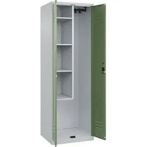 Putzmittelspind Classic PLUS, 1 Abteil, Trennwand mittig, verkürzt, lichtgrau / resedagrün, B 600 mm, mit Bodengleitern, Zylinderschloss C+P