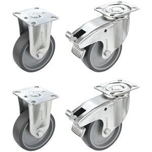 Set aus thermoplastischen Gummireifen, mit Montageplatte, 2 Lenkrollen mit Doppelstopp und 2 Bockrollen, Rad-Ø x Breite 125 x 32 mm Proroll