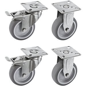 Set aus thermoplastischen Gummireifen, Gehäuse Edelstahl, Montageplatte, 2 Lenkrollen mit Stopp, 2 Bockrollen, Rad-Ø x Breite 75 x 23 mm Proroll