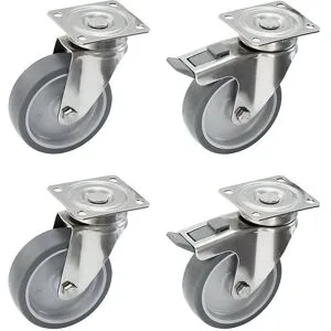 Set aus thermoplastischen Gummireifen, Gehäuse Edelstahl, Montageplatte, 4 Lenkrollen, davon 2 mit Doppelstopp, Rad-Ø x Breite 100 x 32 mm Proroll