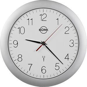 kaiserkraft Wanduhr aus ABS-Kunststoff, Ø 300 mm, Funkuhrwerk, Gehäuse silber matt, Zifferblatt weiß