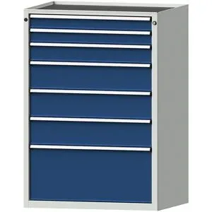 Schubladenschrank, BxT 910 x 675 mm, Schubladentraglast 200 kg, 7 Schubladen, Höhe 1280 mm, Front enzianblau ANKE