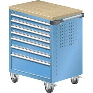 Werkstattwagen, mit Multiplex-Holzabdeckung 40 mm, 7 Schubladen, blau LISTA