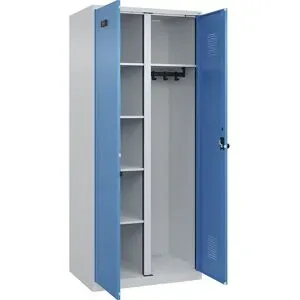 kaiserkraft Putzmittelspind Evolo PLUS, 1 Abteil, Trennwand mittig, lichtgrau / lichtblau, B 800 mm, mit Bodengleitern, Sicherheits-Drehriegel