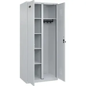 kaiserkraft Putzmittelspind Evolo PLUS, 1 Abteil, Trennwand mittig, lichtgrau, B 800 mm, mit Bodengleitern, Sicherheits-Drehriegel